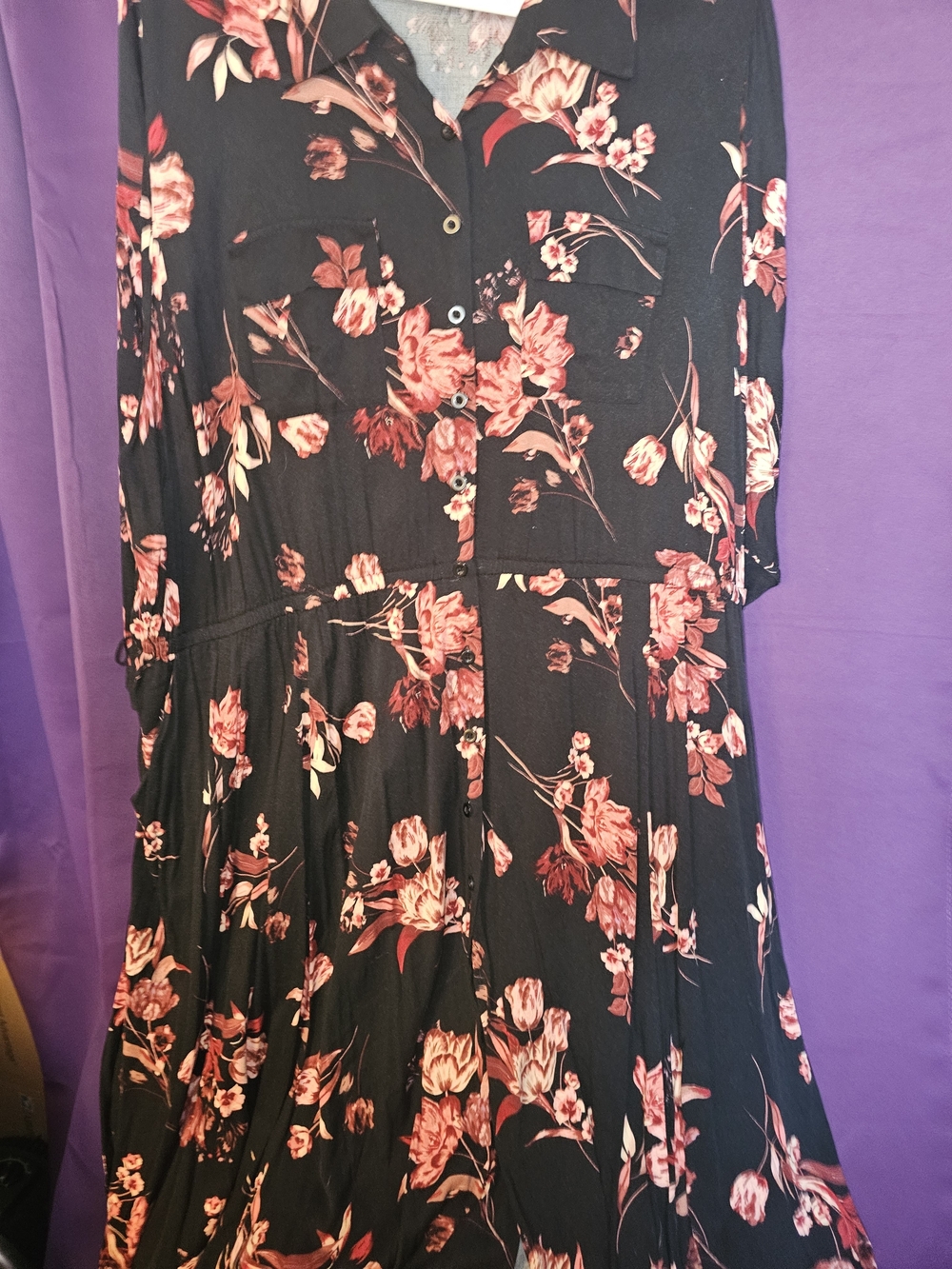 Torrid Black Floral Button-Front Women's Dress with Pink Rose Print